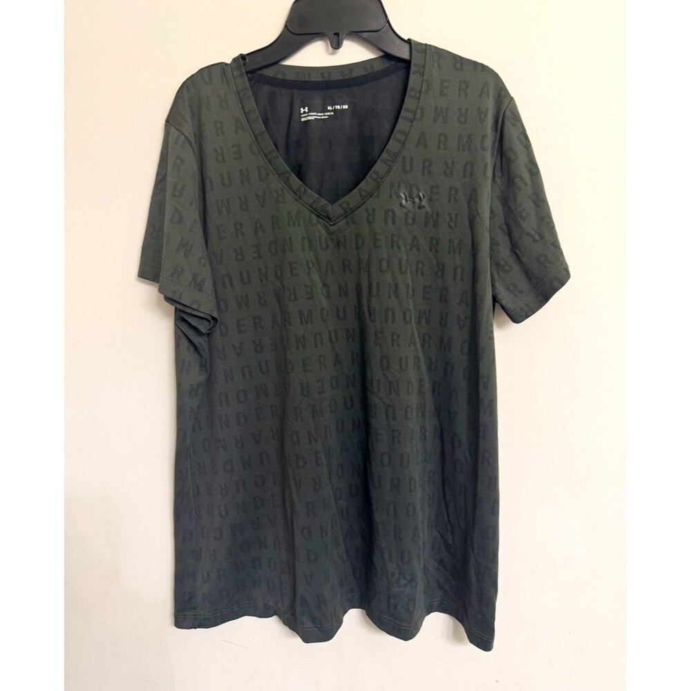 Under Armour Women’s XL Loose Fit T-Shirt Gray Olive All Over Logo Short Sleeve